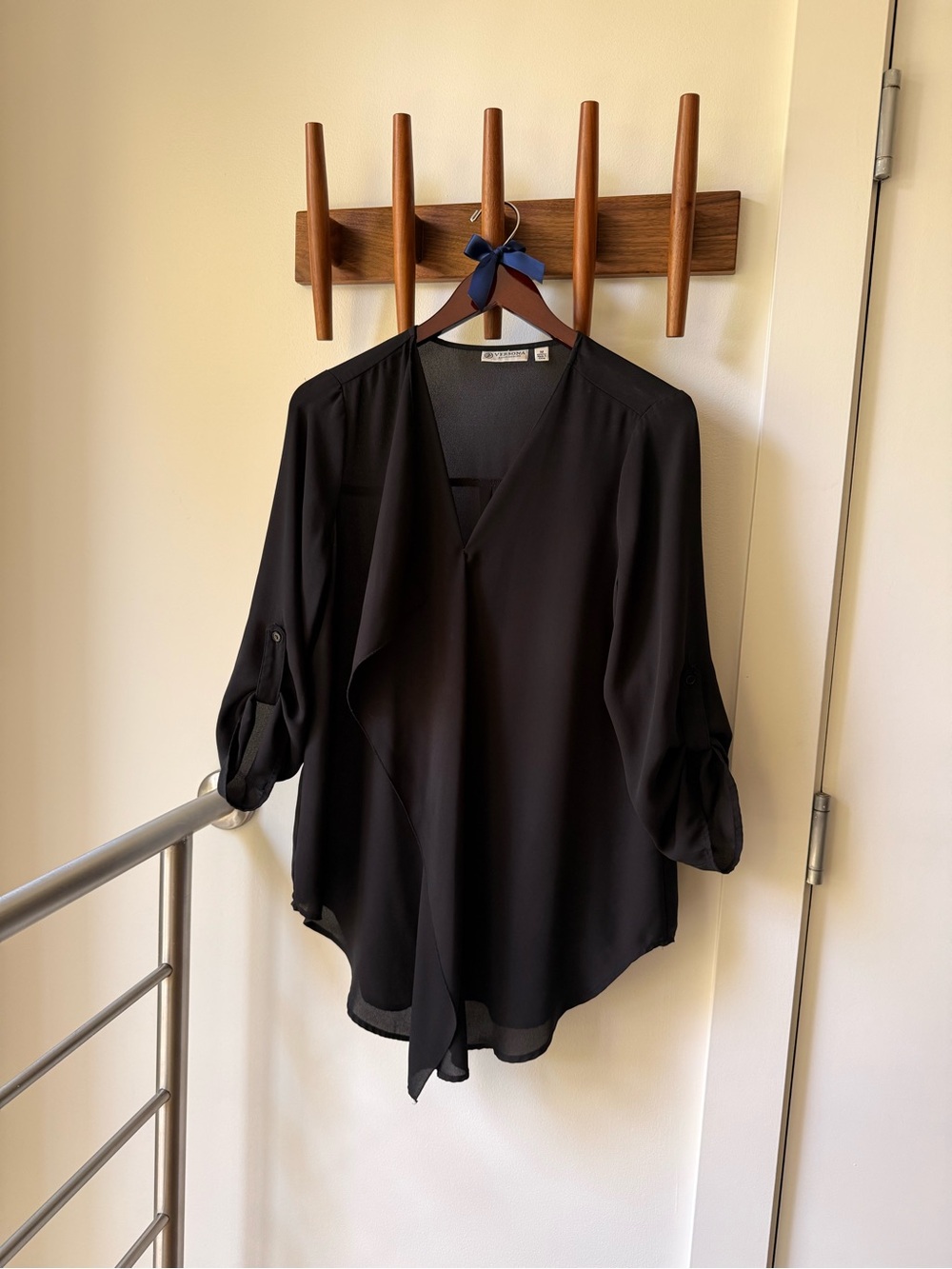 Versona Black V-Neck Ruffle-Front Blouse